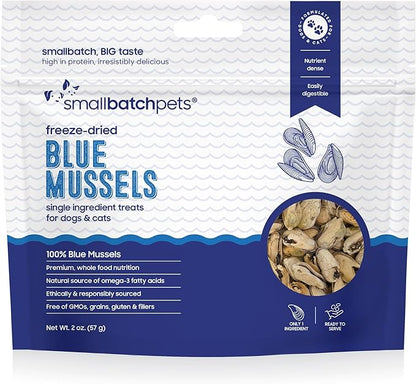 smallbatch Pets Freeze Dried Cat &amp; Dog Treats, 2oz - 100% Blue Mussels, Organic High Protein Treats, Omega 3 Fatty Acids, Gluten Free, Grain Free, Made in The USA, Ethically Sourced, Single Protein