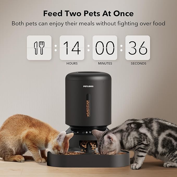 PETLIBRO Automatic Cat Feeder for 2 Cats, 5G&amp;2.4G WiFi Pet Feeders, 5L Programmable Cat Food Dispenser with Airtight Lock-Fresh Technology, Dual Stainless Steel Bowls, Low Food Sensor