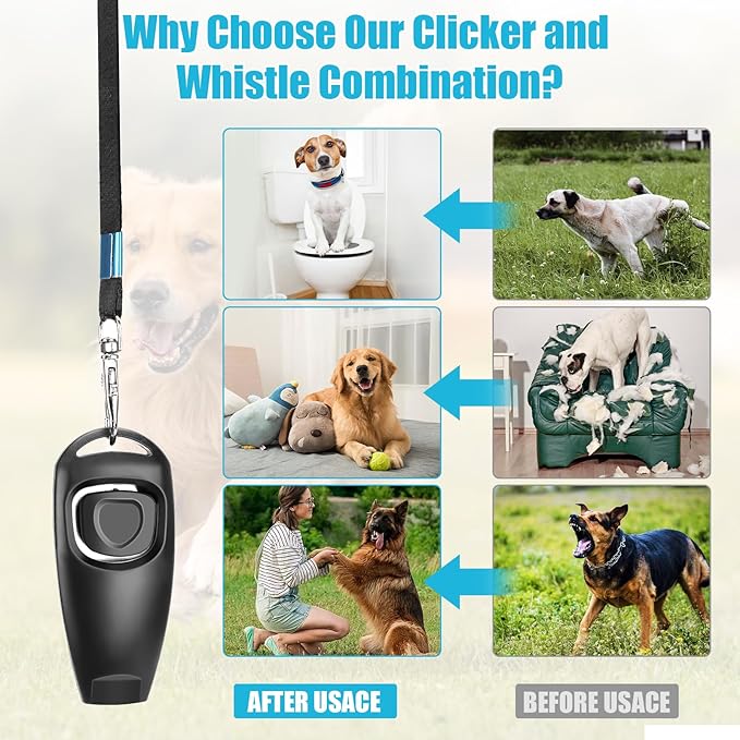 2-in-1 Dog Training Clicker Whistle for Training and Recall, Pet Training Accessories for Puppy, Cats, Horses &amp; Small Animals - 2 Pack with Lanyard, Reward and Train Your Pets Efficiently
