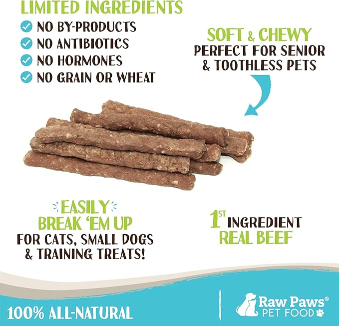 Raw Paws Grain-Free Soft Stick Treats for Dogs &amp; Cats - Beef Recipe, 6-oz - Made in USA Beef Jerky Treats - Cat Sticks - Chewy Dog Jerky Treats - Dog Sausage - Soy, Grain Free