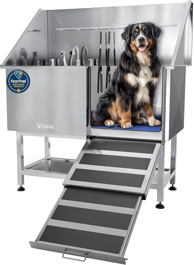 KANIS Professional Dog Washing Station - 304 Stainless Steel Pet Wash Sink &amp; Grooming Bath Tub for Home with Ramp, Shower, Floor Grate, Storage Shelf, Faucet, Drain Kit for Large, Medium &amp; Small Pets