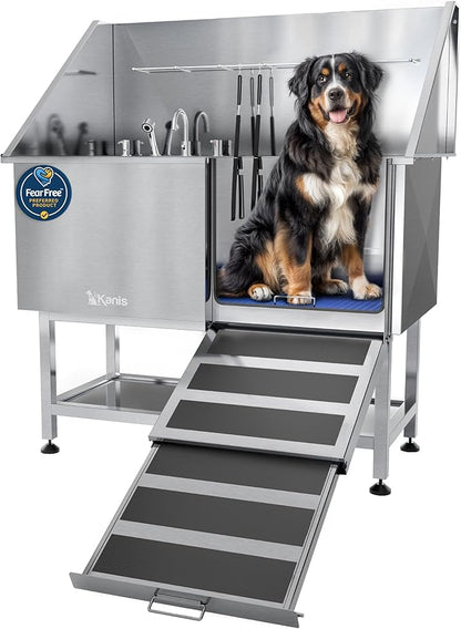 KANIS Professional Dog Washing Station - 304 Stainless Steel Pet Wash Sink &amp; Grooming Bath Tub for Home with Ramp, Shower, Floor Grate, Storage Shelf, Faucet, Drain Kit for Large, Medium &amp; Small Pets