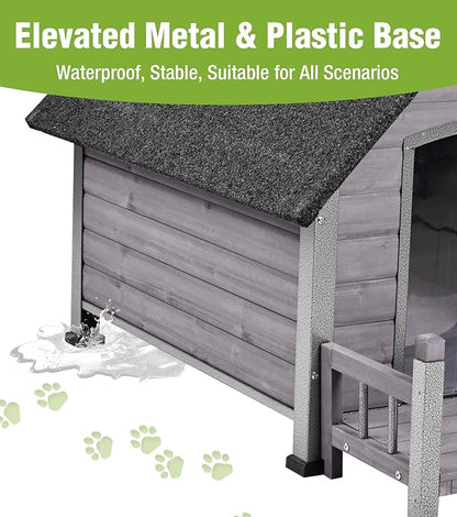GUTINNEEN Insulated Dog House Outdoor, Waterproof Dog Kennel with Anti-Bite Design, Asphalt Roof, Elevated Base, PVC Curtain, for Small to Medium Dogs - Grey