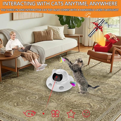 3-in-1 Cat Laser Toy &amp; Interactive Automatic Motion-Activated Kitten Toy – 6 Holes Whack-A-Mole Feather &amp; Moving Ambush Fun – USB Rechargeable, Apply to – Indoor Exercise for Cats of All Breeds