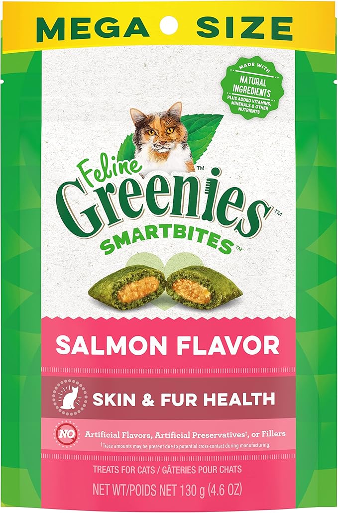 Greenies Feline Smartbites Skin &amp; Fur Health Crunchy and Soft Cat Treats, Salmon Flavor, 4.6 oz. Pack