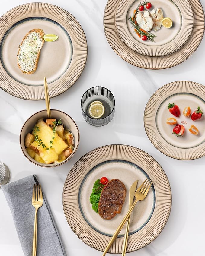 GBHOME Ceramic Dinnerware Sets,12 pcs Embossed Elegant Stoneware Plates and Bowls Sets, Housewarming Wedding Gift | Dishwasher &amp; Microwave Safe | Dishes Set Service for 4