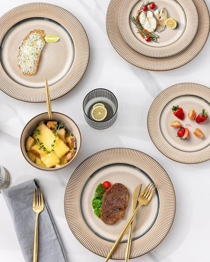 GBHOME Ceramic Dinnerware Sets,12 pcs Embossed Elegant Stoneware Plates and Bowls Sets, Housewarming Wedding Gift | Dishwasher &amp; Microwave Safe | Dishes Set Service for 4