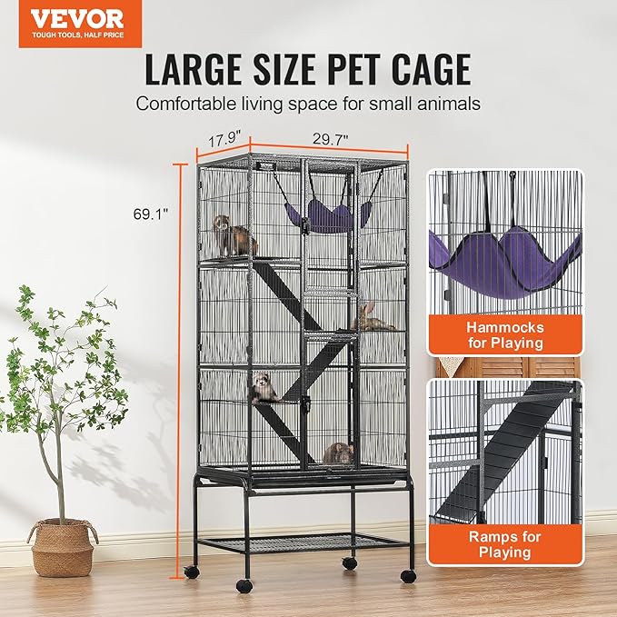 VEVOR 69" Rolling Metal Ferret Cage, Large 4-Tier Critter Nation Cage, Small Animal Cage with Ramps &amp; Tray, Easy to Set up for Pet Mice, Hamster, Guinea Pig, Chinchilla, Squirrel, Hedgehogs, Bunny