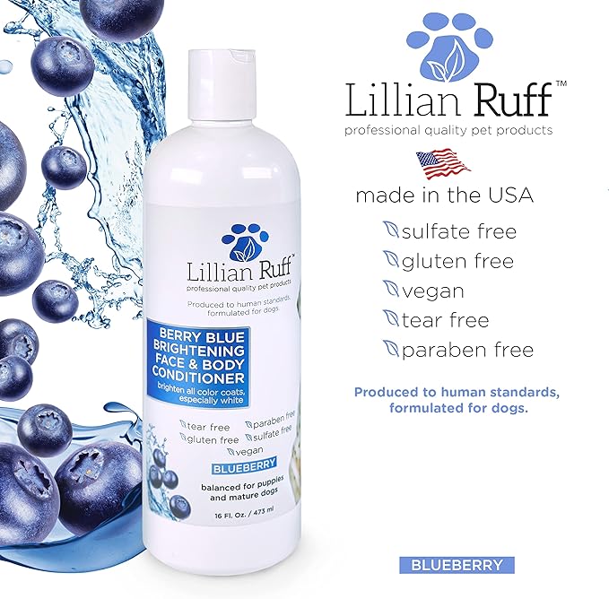 Lillian Ruff PRO Formula Berry Blue Brightening Dog Shampoo &amp; Conditioner Set - Professional Show-Quality Whitening, Stain &amp; Odor Eliminator, Hydrating Relief for Dry Skin, ProVitamin B5, USA Made