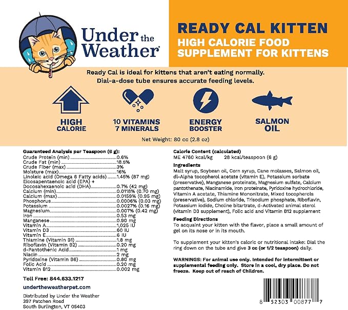 Under the Weather Pet | Ready Cal for Kitten | High Calorie Pet Nutritional Supplement for Weight Gain &amp; Healthy Weight Maintenance | 10 Vitamins, 7 Minerals, Omega Fatty Acids &amp; Carbohydrates | 80cc