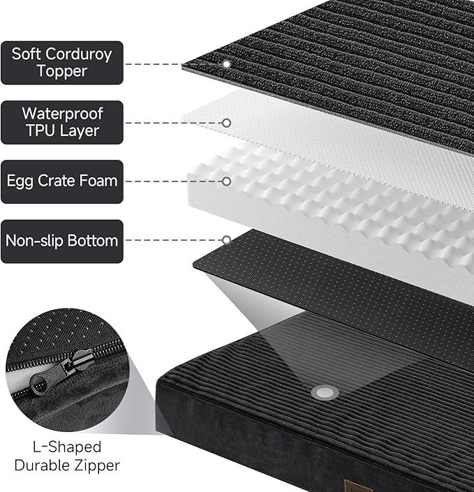 OhGeni Orthopedic Waterproof &amp; Machine Washable Dog Bed for Medium Large Pets, Suitable for Crates, 25D Egg Crate Foam, Non-Slip Bottom &amp; Removable Cover, Invisible Zipper, 35 Inches(Black)