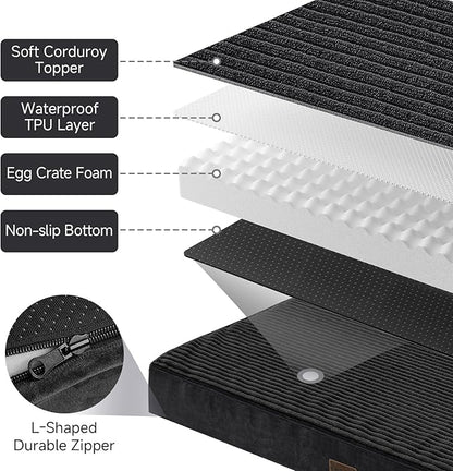 OhGeni Orthopedic Waterproof &amp; Machine Washable Dog Bed for Medium Large Pets, Suitable for Crates, 25D Egg Crate Foam, Non-Slip Bottom &amp; Removable Cover, Invisible Zipper, 35 Inches(Black)