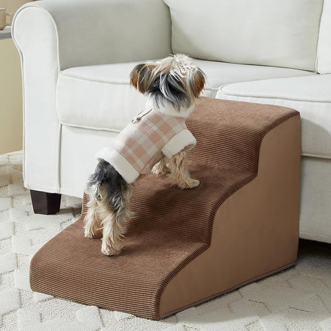 Dog Stairs for Small Dogs, 3-Steps Dog Ramp for Bed and Couch, Pet Stairs with Highly Supportive Foam and Non-Slip Bottom, Pet Steps for Cat &amp; Doggie (High 15.7 Inch)