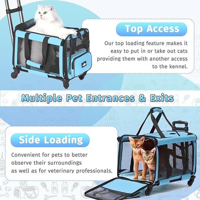 Pet Carrier with Wheels, Durable Airline Approved Cat Crate, Foldable Rolling Dog Carrier, Cat Rolling Bag for Cat &amp;Dog, Use for Travel, Outdoor, Vet Visits, Camping, Indoor. Blue.