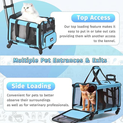 Pet Carrier with Wheels, Durable Airline Approved Cat Crate, Foldable Rolling Dog Carrier, Cat Rolling Bag for Cat &amp;Dog, Use for Travel, Outdoor, Vet Visits, Camping, Indoor. Blue.