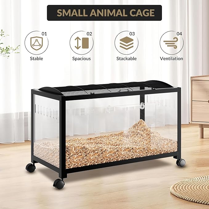 Large Metal Hamster Enclosure Rat Cage with 360 Viewing Acrylic Sides, Ventilated Front Door &amp; Openable Top, Portable Hamster Tank for Guinea Pig, Chinchilla, Gerbil, 37.8&