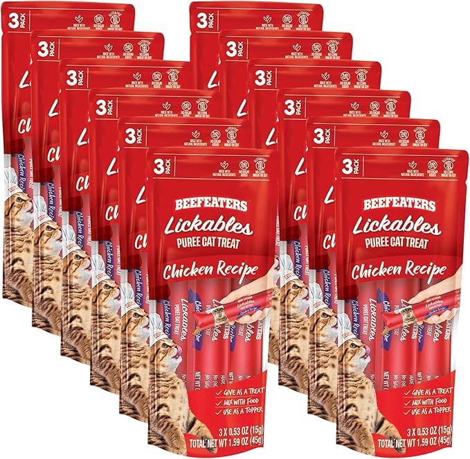 Beefeaters Cat Treats Lickable Puree 1.59oz (12-Pack) – Chicken, Grain-Free, Taurine-Enriched, Ideal for Training &amp; Interactive Feeding