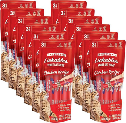 Beefeaters Cat Treats Lickable Puree 1.59oz (12-Pack) – Chicken, Grain-Free, Taurine-Enriched, Ideal for Training &amp; Interactive Feeding
