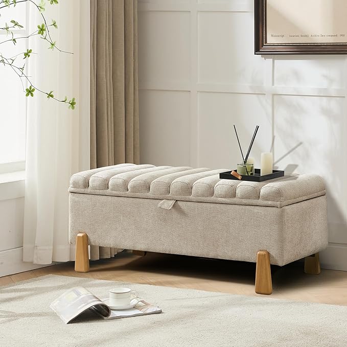 Storage Bench Ottoman 48.6 Inch with Safty Lift Top Lid, Tufted Solid Wood Tapered Legs Footstool for Bedroom, Living Room &amp; Entryway Light Brown