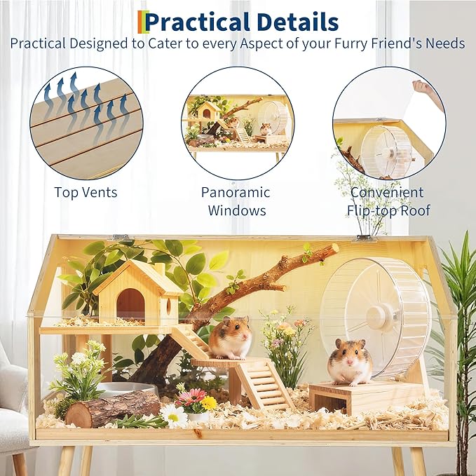 Wooden Hamster Cage with Legs, 40" l x 20" w x 47.5" h Guinea Pig Cages Chew Proof,Large Hamster Habitats Enclosure with Acrylic Window &amp; Openable Top for Guinea Pig, Chinchilla, Gerbil