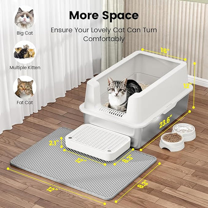 Stainless Steel Cat Litter Box - Enclosed XL Metal Kitty Litter Box with Lid for Big Cats, High Sided, Anti-Leakage, Easy Cleaning, Non-Sticky, Included Litter Mat, Cat Bowl &amp; Spoon