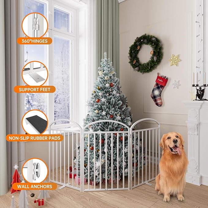 3 Panles Full Matel Freestanding Dog Gates with Door, 72"Extra Wide 32"Tall Free Standing Dog Pet Gate for Indoor &amp; Outdoor. Foldable Pet Fences for Doorways, House, Stairs, Porch, Deck, Yard