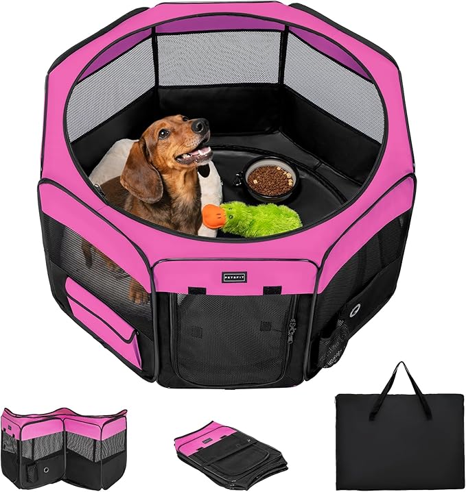 PETSFIT Portable Dog Playpen,36" Dog Play Pen Indoors with Removable Waterproof Mat &amp; Zippered Roof | RV, Camping, Travel Dog Pen | Whelping &amp; Cat Observation Space(36" L x 36" W x 21" H)