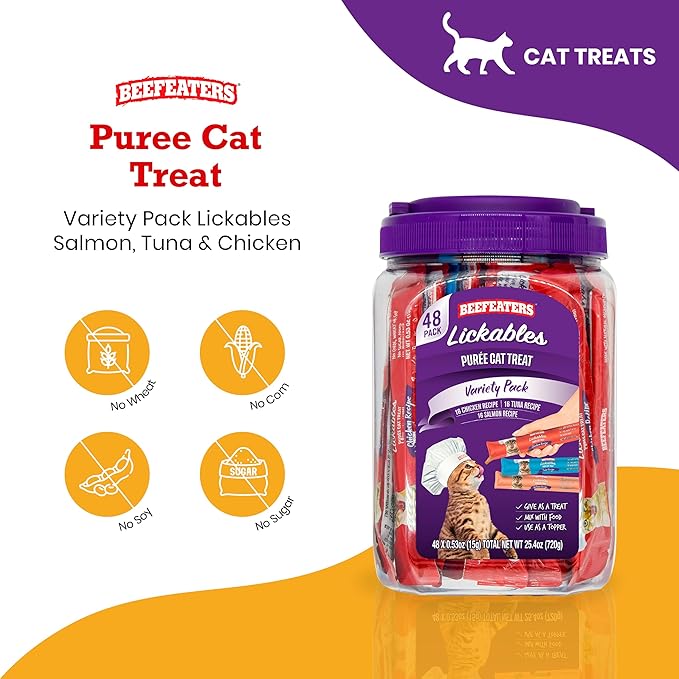 Beefeaters Cat Treats Variety Pack Lickable Puree 48ct – Salmon, Tuna &amp; Chicken, Grain-Free, Taurine-Enriched, Ideal for Training &amp; Interactive Feeding