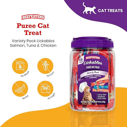 Beefeaters Cat Treats Variety Pack Lickable Puree 48ct – Salmon, Tuna &amp; Chicken, Grain-Free, Taurine-Enriched, Ideal for Training &amp; Interactive Feeding