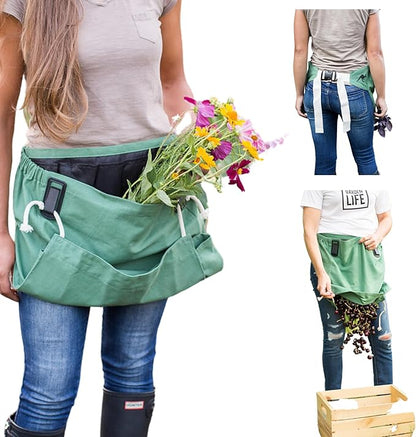 Roo Gardening Apron with Pockets &amp; Harvesting, Picking Pouch - Adjustable, Water-resistant, Washable Canvas Cotton