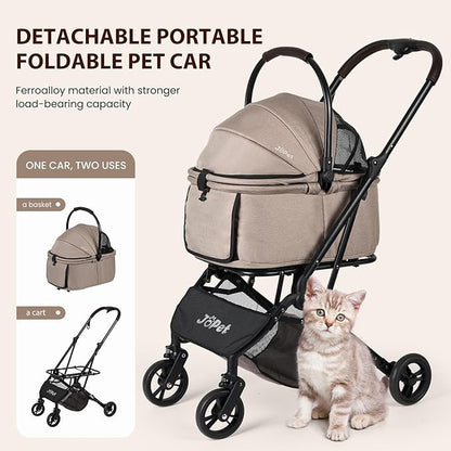 Pet Stroller, Small to Medium Dogs &amp; Cats, Foldable, One-Hand Fold, Detachable Carrier, Latte Color