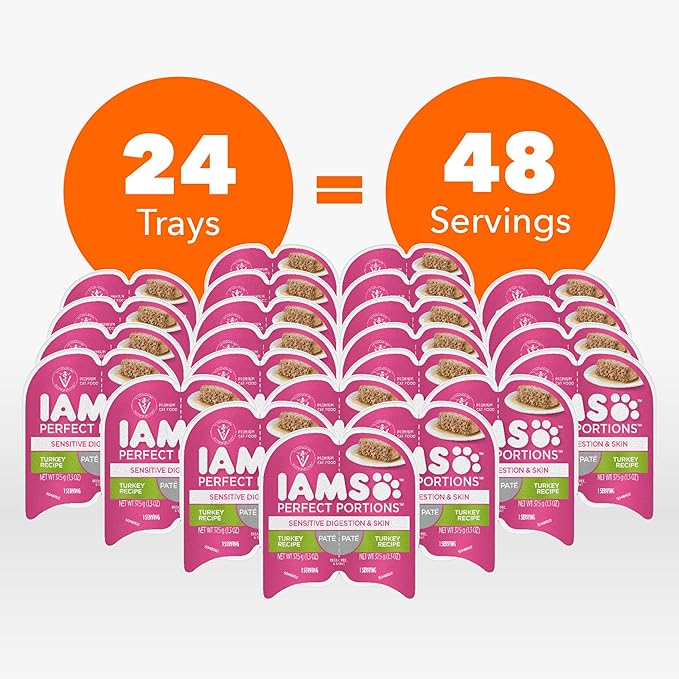 IAMS Perfect Portions Sensitive Digestion &amp; Skin Adult Wet Cat Food Pate, Turkey Recipe, 2.6 oz. Easy Peel Twin-Pack Trays (24 Count, 48 Servings)