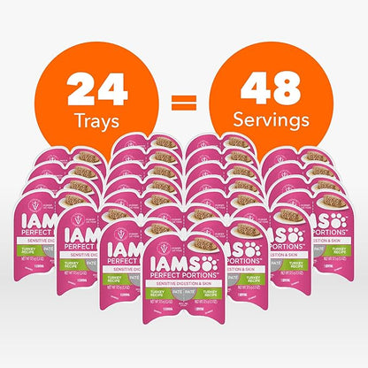 IAMS Perfect Portions Sensitive Digestion &amp; Skin Adult Wet Cat Food Pate, Turkey Recipe, 2.6 oz. Easy Peel Twin-Pack Trays (24 Count, 48 Servings)