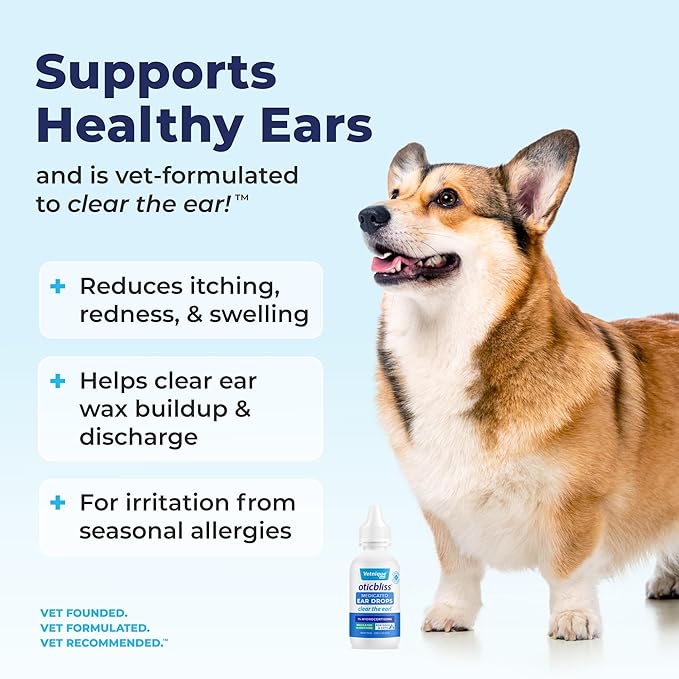 Vetnique Oticbliss Medicated Cat &amp; Dog Ear Cleaner Drops - Dog Ear Infection Treatment with 1% Hydrocortisone to Soothe Itching, Redness, &amp; Swelling - Vet Recommended