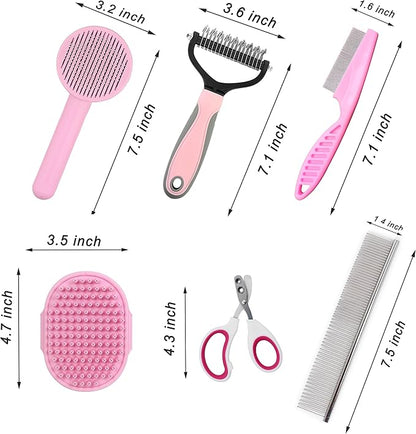 Cat Grooming Brush Kit 6 Tools - Deshedding &amp; Dematting for Long/Short Hair, Self-Cleaning Slicker Brush with 6-in-1 Flea Comb for Cats &amp; Kittens (Pink)