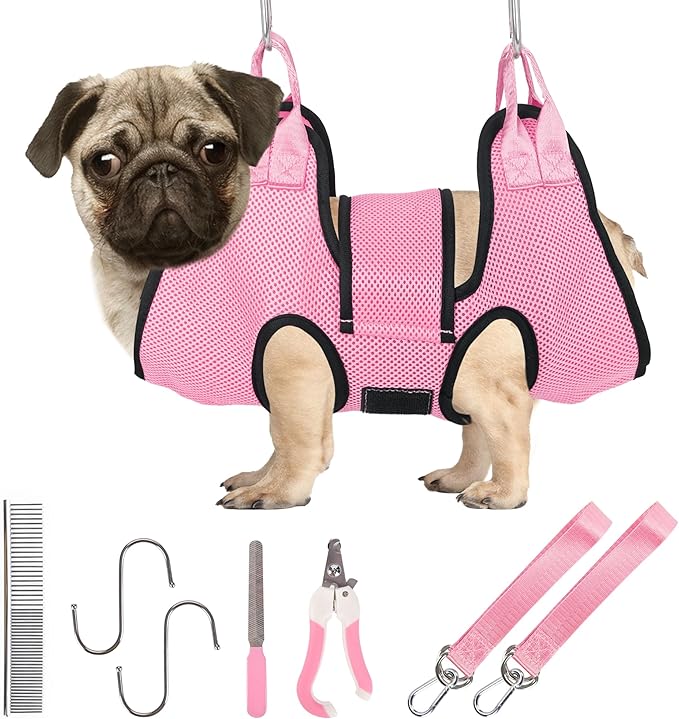 PatiencET Dog Grooming Hammock, Pet Grooming Hammock for Cats &amp; Dogs with Security Strap, Dog Sling for Nail Trimming with Nail Clippers/Trimmer, Nail File, Pet Comb(Pink S)