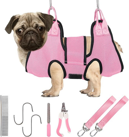 PatiencET Dog Grooming Hammock, Pet Grooming Hammock for Cats &amp; Dogs with Security Strap, Dog Sling for Nail Trimming with Nail Clippers/Trimmer, Nail File, Pet Comb(Pink S)