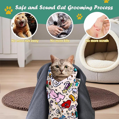 Cat Wrap for Cutting Nails and Grooming(27" x27"), Cat Restraint Wrap for Nail Clipping,Self-Adhesive Fabric Cat Swaddle Burrito Wrap for Nail Trimming (Graffiti Style)