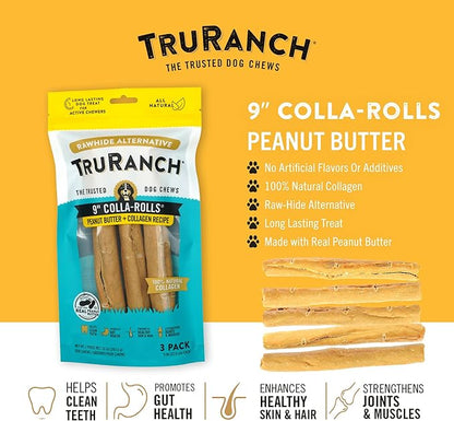 Collagen Rolls - 9" Collagen Rolls for Dogs - Long Lasting Healthy Joint Support - Rawhide Alternative - Skin &amp; Coat Health - Made with Real Peanut Butter, Value Pack, 15 Bags, 45 Count