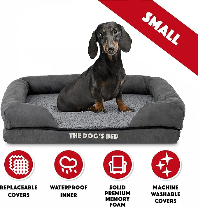 The Dog’s Bed, Small Plush Grey, Memory Foam, Pain Relief: Arthritis, Hip &amp; Elbow Dysplasia, Post Surgery, Lameness, Supportive, Calming, Waterproof Washable Cover, Veterinary Approved
