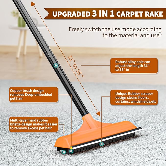3 in 1 Carpet rake Kit for Pet Hair Removal Tool - Reusable Pet Hair Remover broom w 58"Adjustable Long Handle, Dog &amp; Cat Carpet Scraper, Pet Hair Remover for Rugs, Mats, Couch, Curtains(Orange)