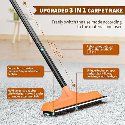 3 in 1 Carpet rake Kit for Pet Hair Removal Tool - Reusable Pet Hair Remover broom w 58"Adjustable Long Handle, Dog &amp; Cat Carpet Scraper, Pet Hair Remover for Rugs, Mats, Couch, Curtains(Orange)