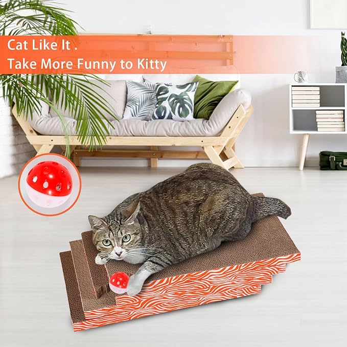 Cat Scrather Box with 4 pcs Large Scratching Cardboard and Toy Ball, Catnip, 4 in 1 Large Refillable &amp; Reversible Cat Scratcher Pad, Cardboard Cat Bed for Big Medium Small Lazy Kitty