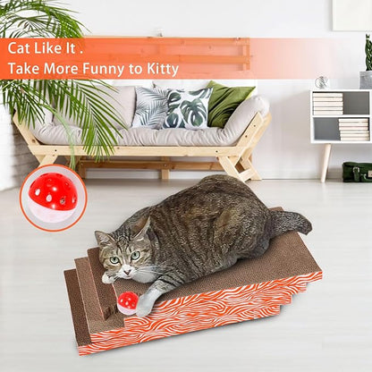 Cat Scrather Box with 4 pcs Large Scratching Cardboard and Toy Ball, Catnip, 4 in 1 Large Refillable &amp; Reversible Cat Scratcher Pad, Cardboard Cat Bed for Big Medium Small Lazy Kitty