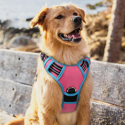 rabbitgoo Dog Harness for Large Dogs, No Pull Pet Vest with 3 Buckles, Adjustable Soft Padded Pet Harness with Easy Control Handle and Reflective Strips, Rose Pink &amp; Blue, XL