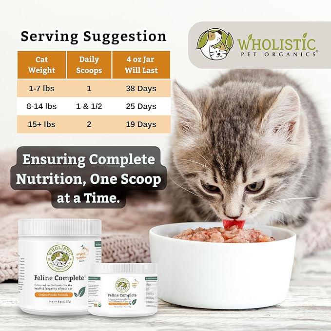 Wholistic Pet Organics Feline Complete Organic Pumpkin - 4 Oz - Multivitamin &amp; Probiotic Powder for Cats - Natural Cat Food &amp; Digestive Support