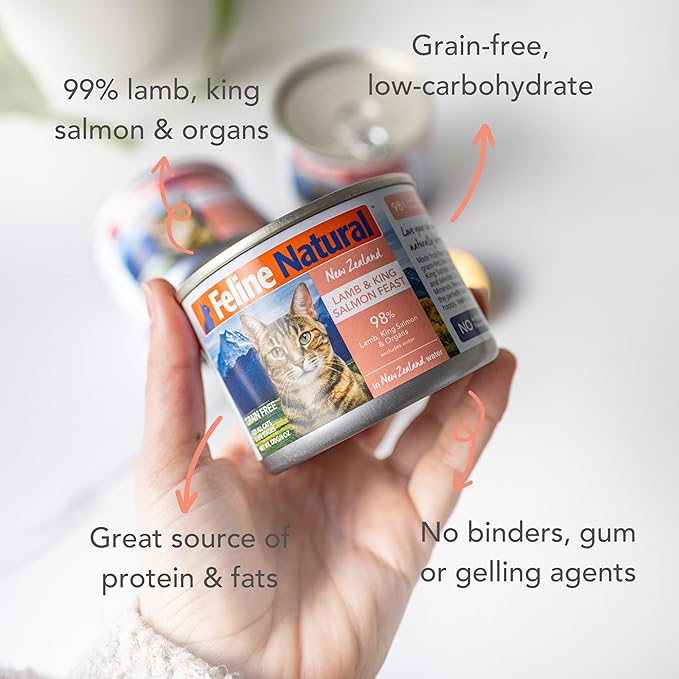 Feline Natural New Zealand Canned Catfood Wet Food, High-Meat, Low-Carb, &amp; Grain Free Cat Food Wet, Lamb &amp; Salmon Feast, 6 oz, Pack of 12