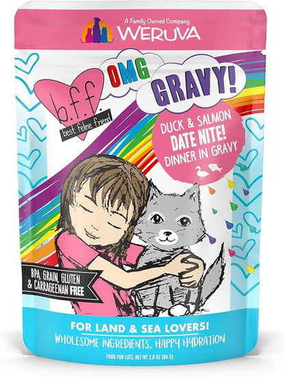 Weruva B.F.F. OMG - Best Feline Friend Oh My Gravy!, Date Nite! with Duck &amp; Salmon in Gravy Cat Food, 2.8oz Pouch (Pack of 12)