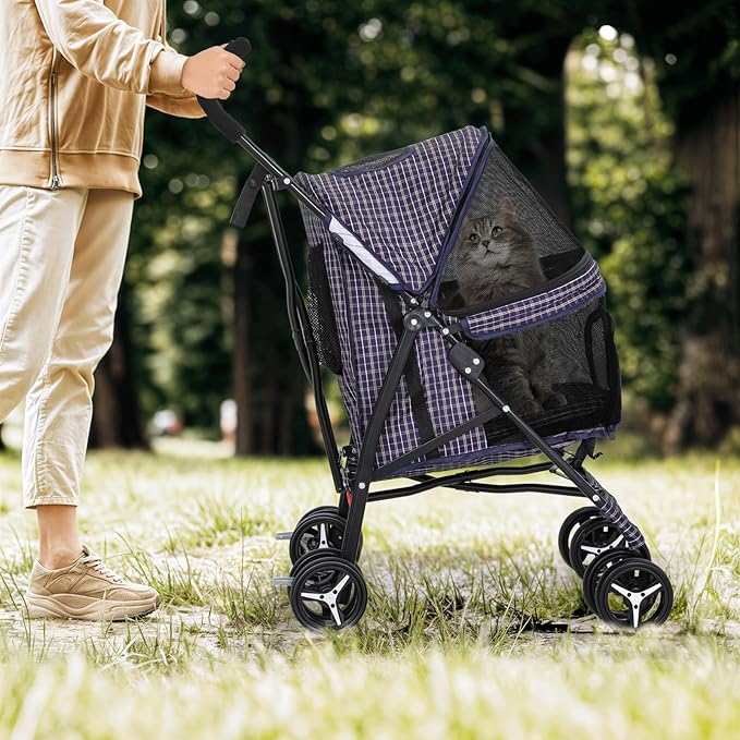 Magshion Compact Pet Stroller for Small-Medium Dogs/Cats up to 22lbs, 4-Wheel Lightweight Umbrella Shaped Portable Puppy Travel Jogger with Breathable Mesh &amp; Rear Storage, Plaid