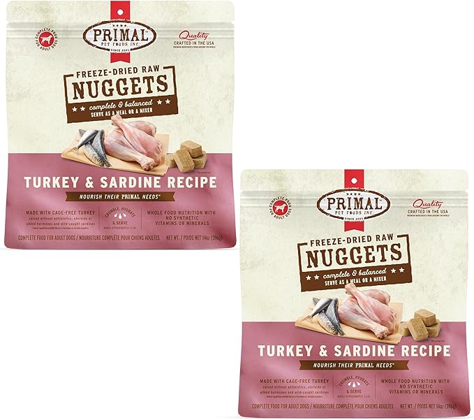 Primal Freeze Dried Raw Dog Food Nuggets, Turkey &amp; Sardine, Complete &amp; Balanced Meal, Also Use as Topper or Treat, Premium, Healthy, Grain Free, High Protein Raw Dog Food, 14 oz (Pack of 2)